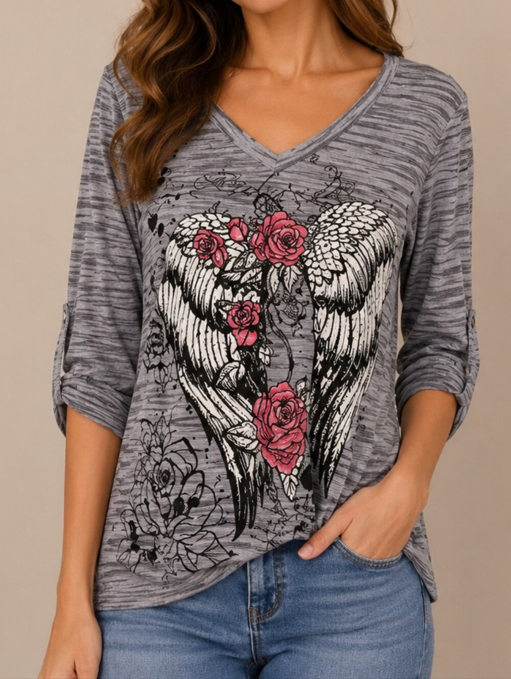EVER BLUE Y2k Fairycore Lightweight Gray Angel Wing Rose V-Neck Top